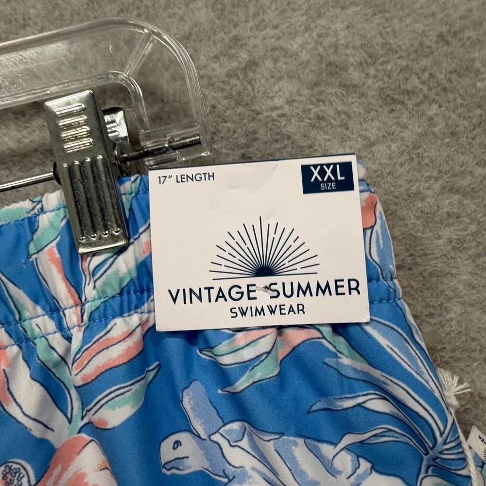 Vintage Summer Swim Trunks Men XXL Blue Tropical Turtle Floral Volley Shorts NEW